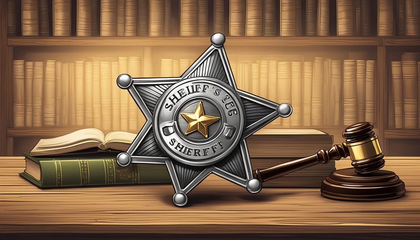 A sheriff's badge on a rustic wooden table, surrounded by law books and a gavel