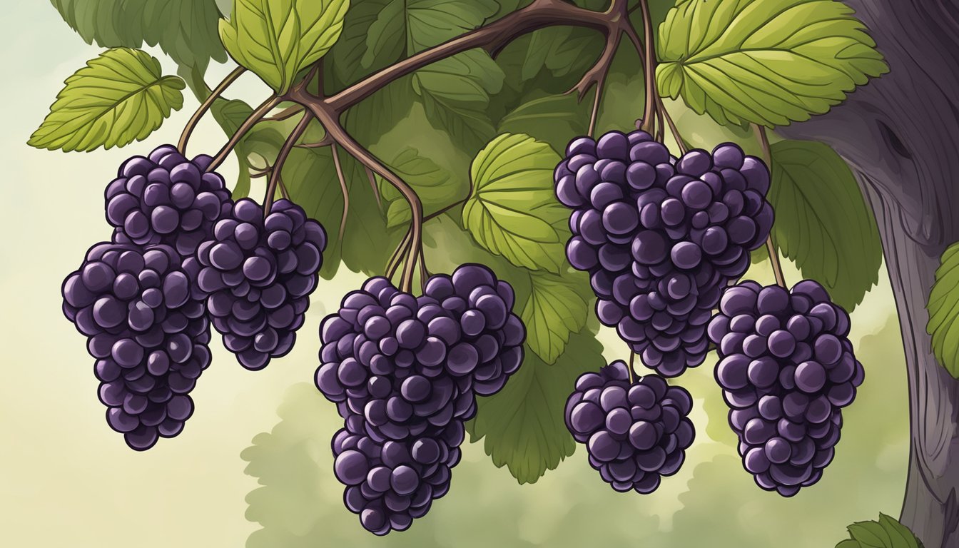 A cluster of ripe boysenberries hang from a vine, their deep purple color indicating readiness for culinary use