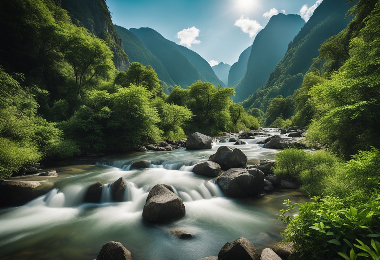 A serene mountain landscape with a flowing river, surrounded by lush greenery and rocky cliffs. A mysterious substance is depicted in the center, emanating strength and vitality