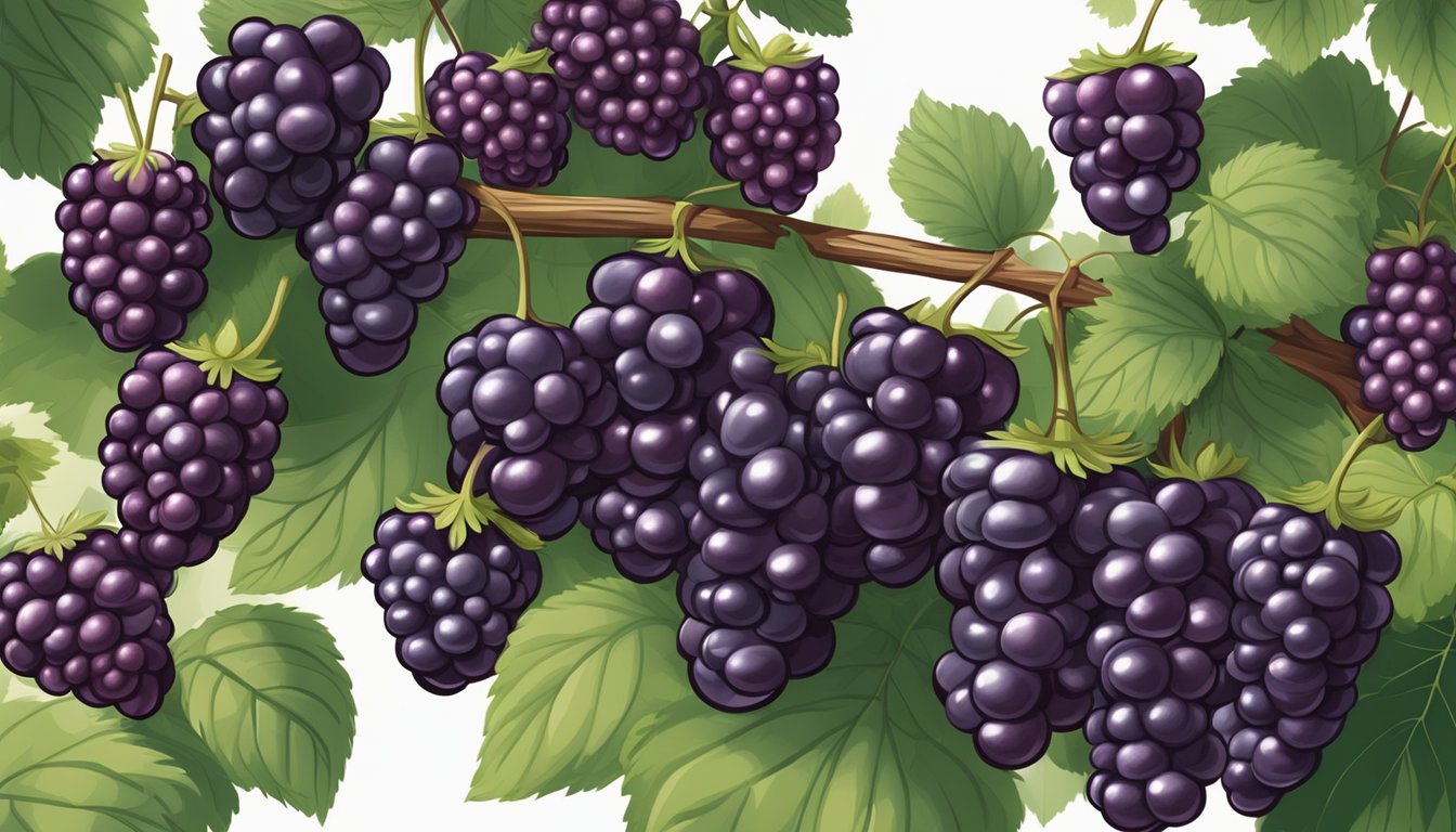 A cluster of ripe boysenberries dangle from the vine, their deep purple color and plump, juicy appearance indicating their readiness for consumption