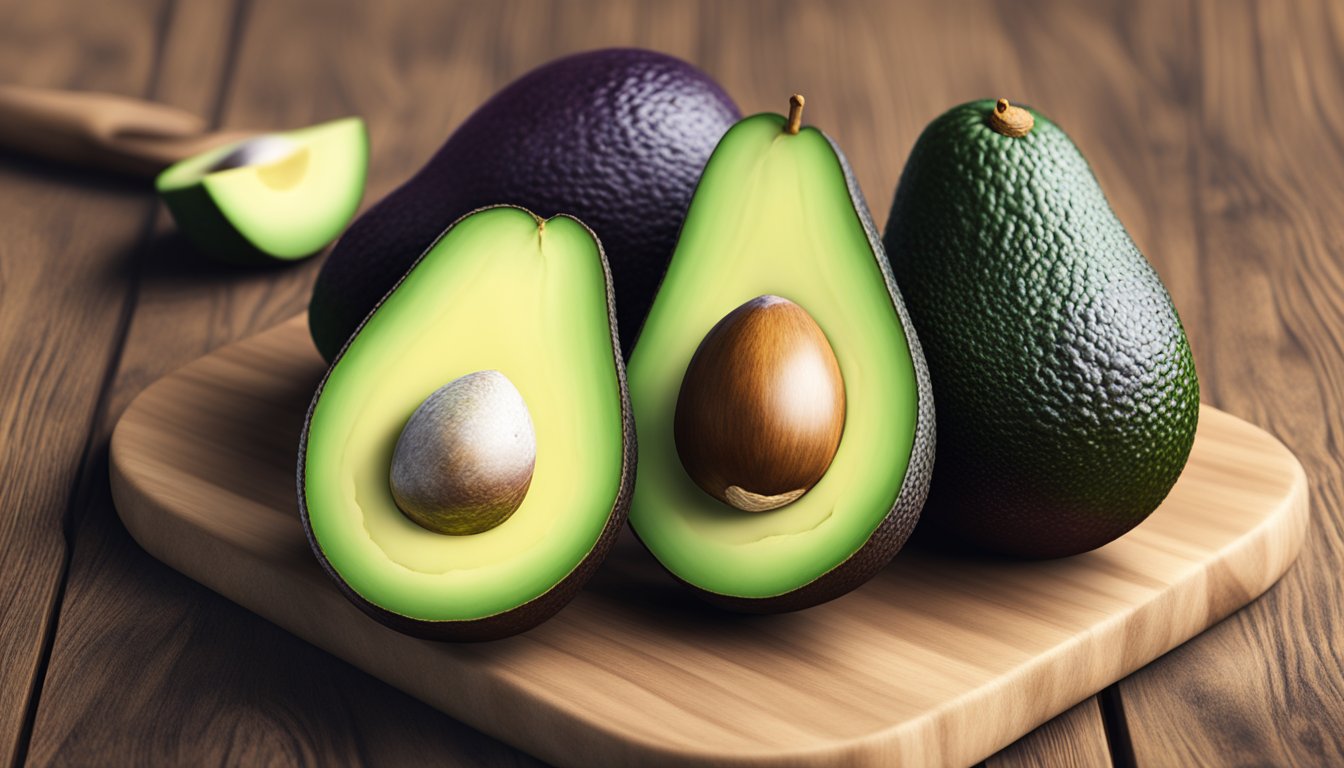 A close-up of two maluma avocados, one unripe and green, the other ripe with a dark purplish hue, sitting on a wooden cutting board