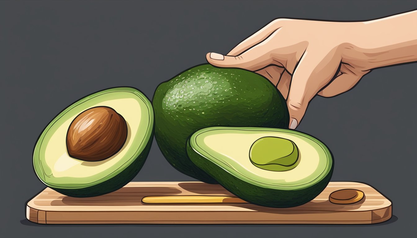 A hand holding a maluma avocado, gently pressing the fruit to check for firmness. Another avocado sits on a wooden cutting board next to a knife