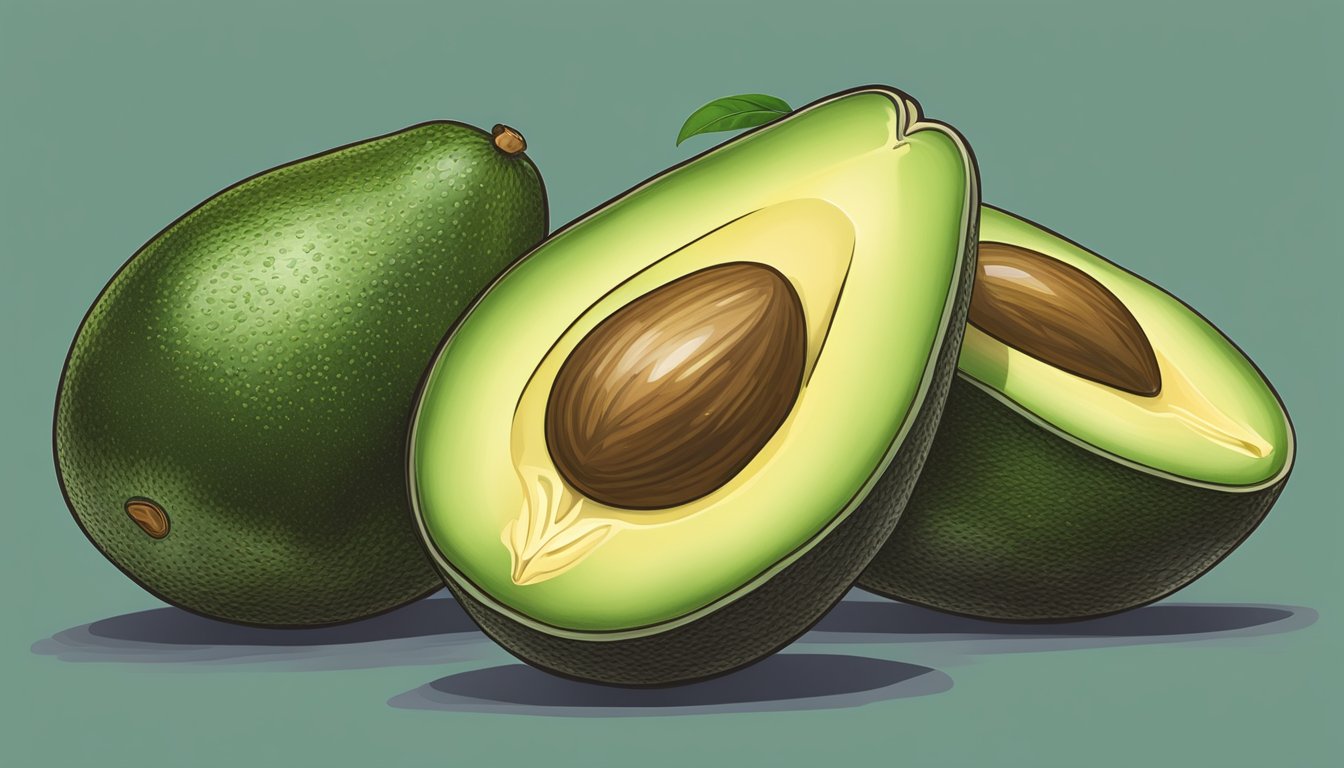 A close-up of two ripe gem avocados, one sliced open to reveal the creamy green flesh and the other whole with a slightly yielding texture