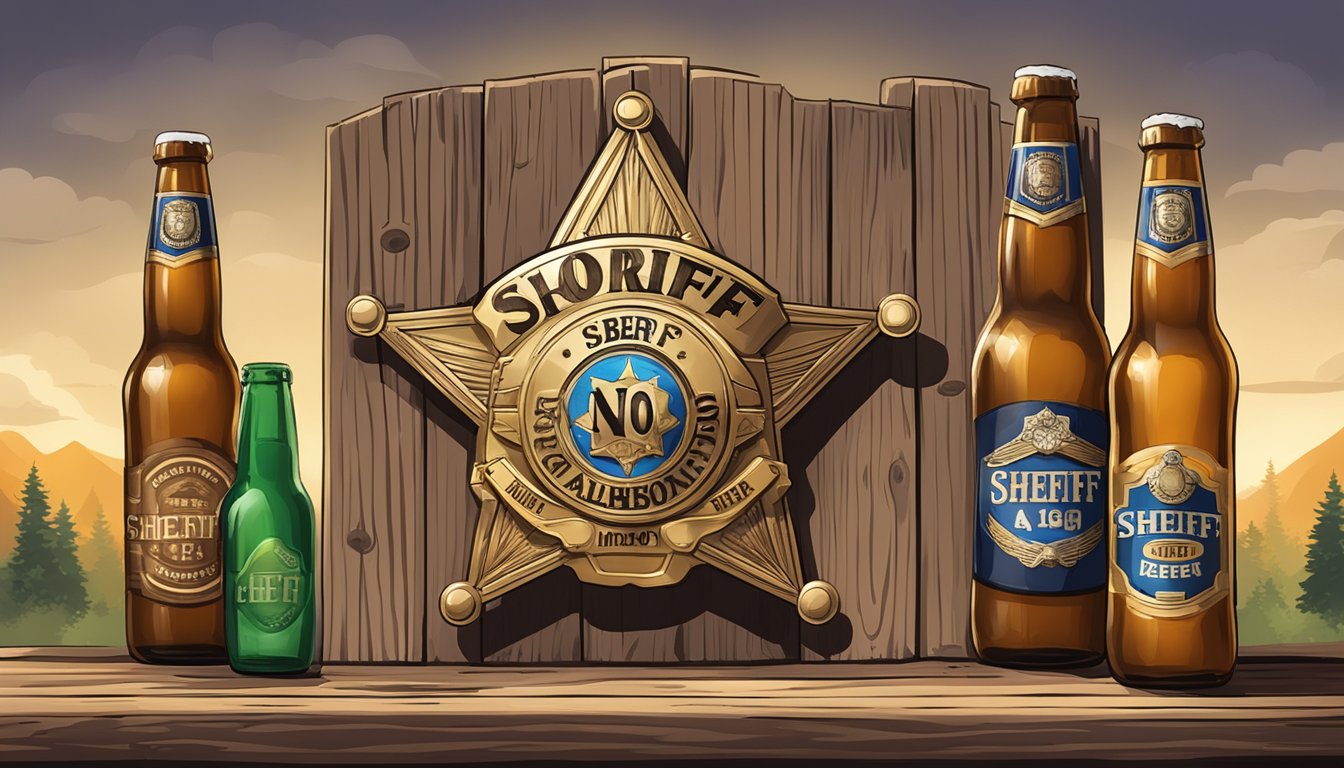 A sheriff's badge pinned to a wooden post, surrounded by empty beer bottles and a "No Alcohol" sign