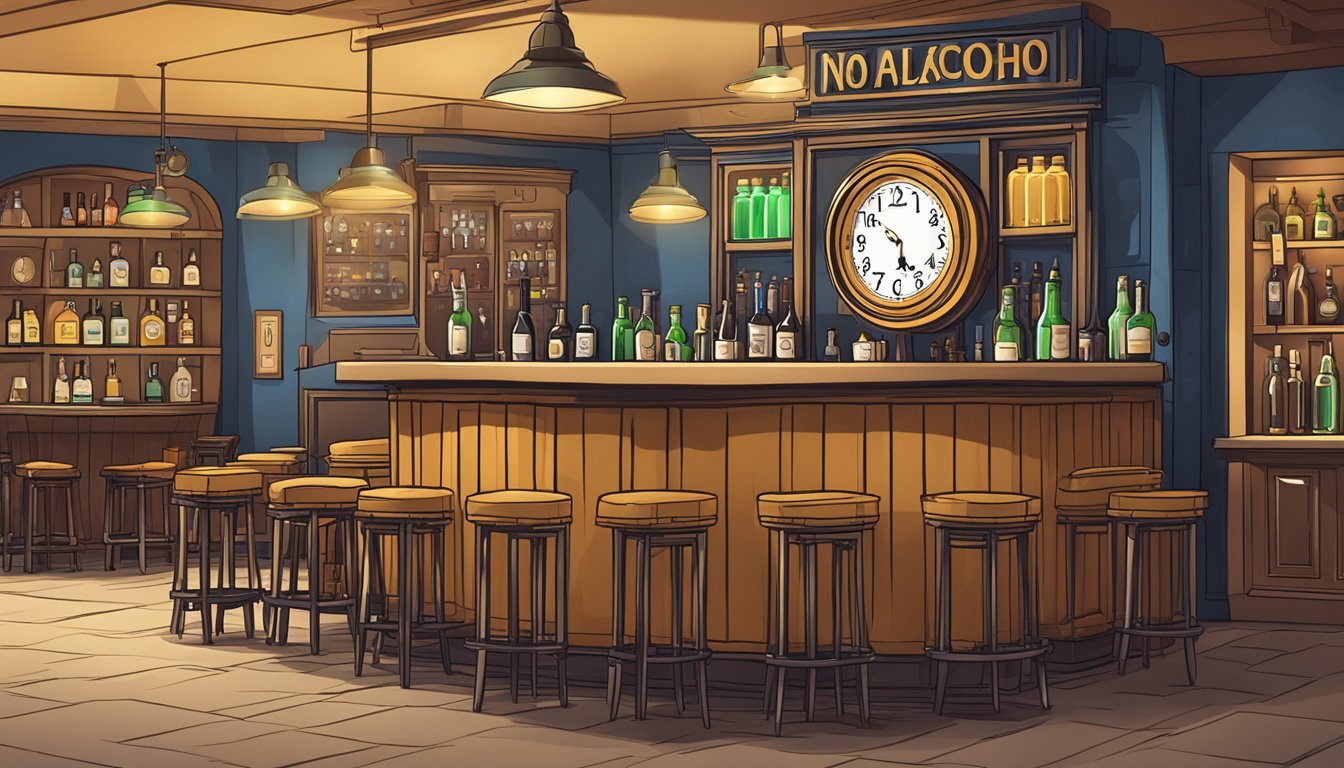 A clock showing 9 PM with a "No Alcohol" sign in front of a bar