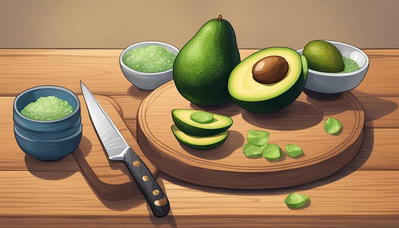 A wooden cutting board with three gem avocados, one ripe, one slightly soft, and one firm, next to a knife and a small bowl of salt