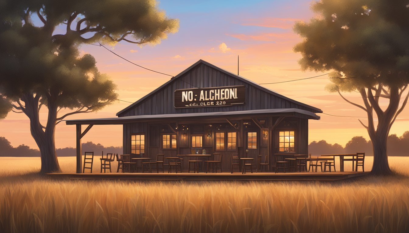 A rustic bar with a "No Alcohol Under 21" sign, surrounded by open fields and a serene sunset in Liberty County, Texas