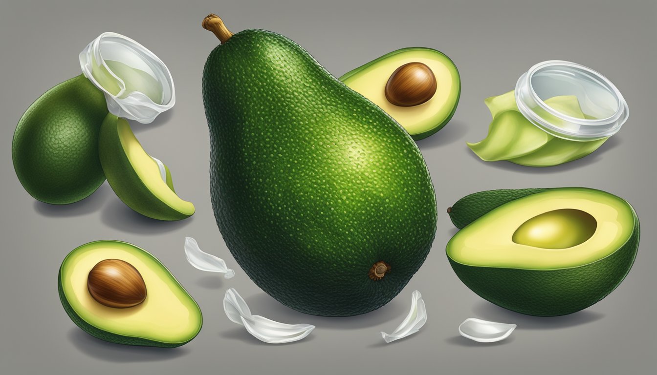 A close-up of a ripe gem avocado being gently squeezed to check for ripeness, surrounded by various preservation techniques such as wrapping in plastic or storing in the fridge