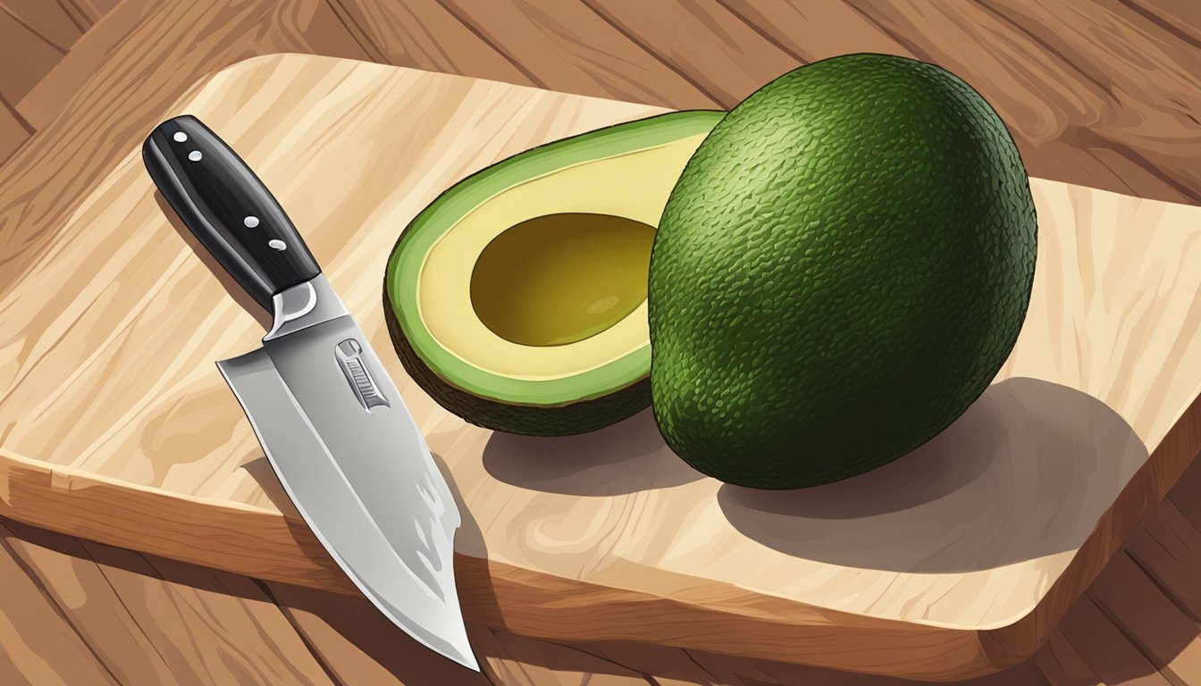 A close-up of two ripe avocados on a wooden cutting board, one sliced open to reveal the creamy green flesh inside. A small knife rests nearby