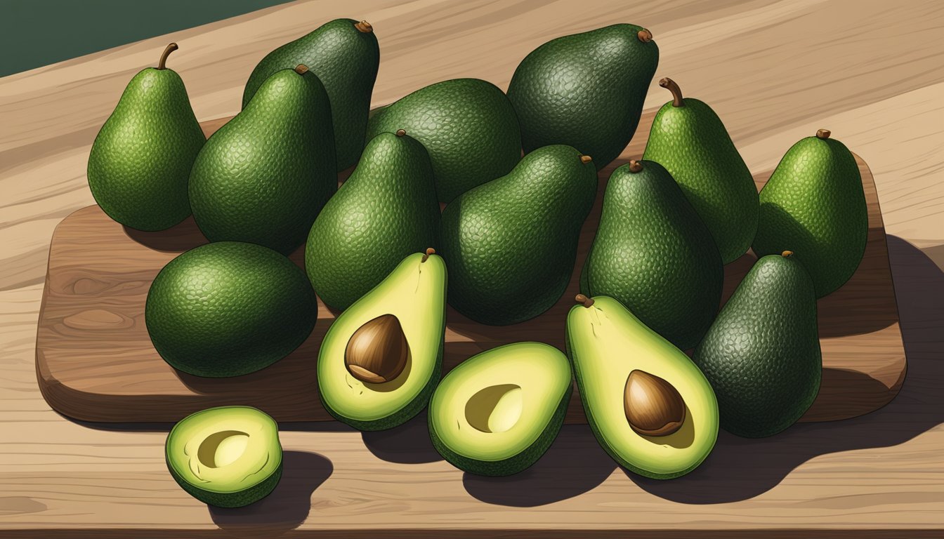 A cluster of maluma avocados in various stages of ripeness, from dark green to almost black, sitting on a wooden cutting board