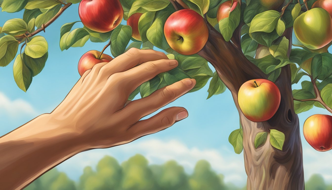 A hand reaching for a braeburn apple on a tree, checking for firmness and vibrant red and green colors