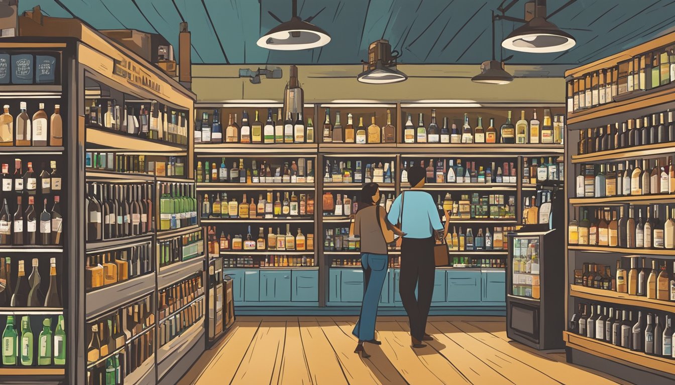 A bustling liquor store in Maverick County, Texas, with shelves stocked full of various alcoholic beverages and customers browsing the selection