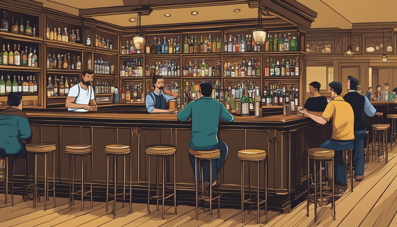 A bar with shelves of alcohol, a bartender serving drinks, and patrons sitting at tables