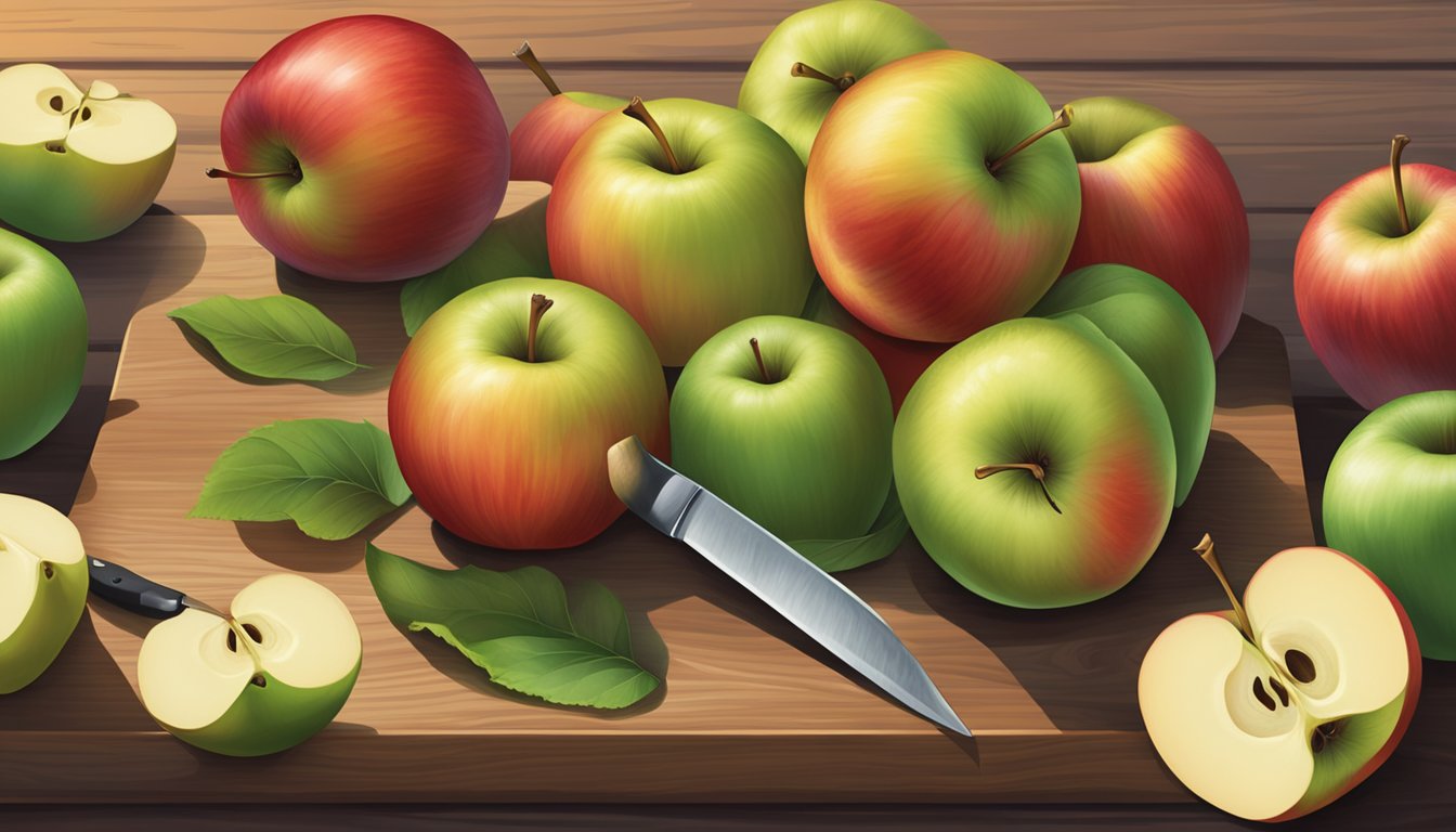 A cluster of Braeburn apples, varying in color from green to red, sit on a wooden cutting board with a knife nearby