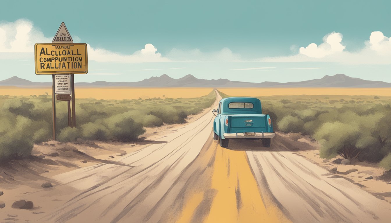 A dusty road in Maverick County, Texas, lined with empty bottles and a sign displaying alcohol consumption regulations