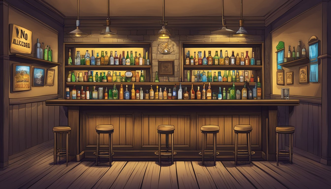 A deserted bar with a "No Alcohol" sign, surrounded by empty bottles and a sheriff's badge