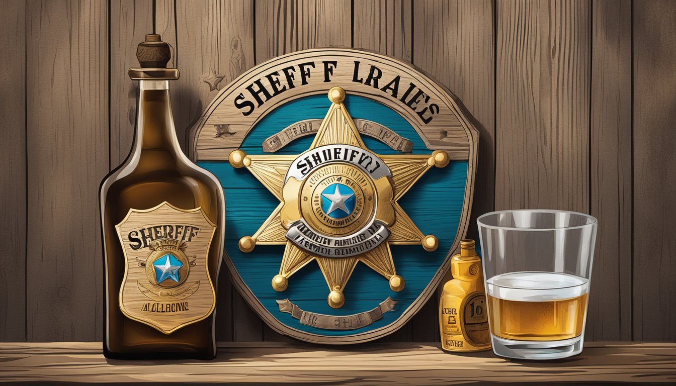 A sheriff's badge pinned to a weathered wooden sign, with a bottle of alcohol and a glass beside it