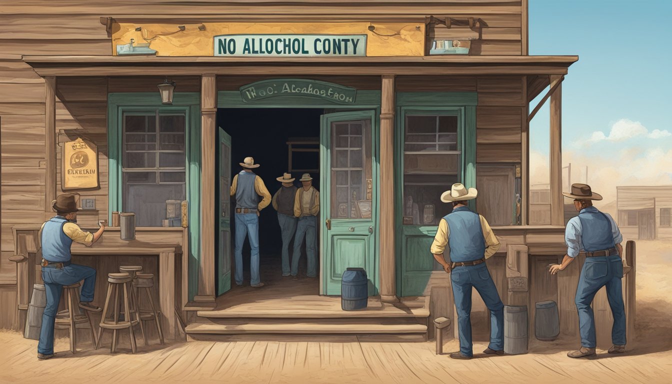 A dusty, old saloon in Maverick County, Texas, with a "No Alcohol" sign on the door and a group of disgruntled patrons outside