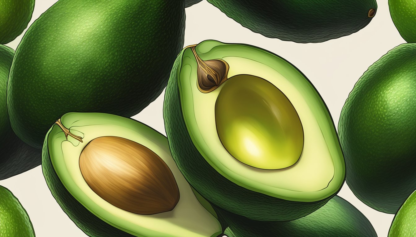 A close-up of two Lula avocados, one with a dark green skin and slight give when pressed, the other with a lighter green skin and firm to the touch