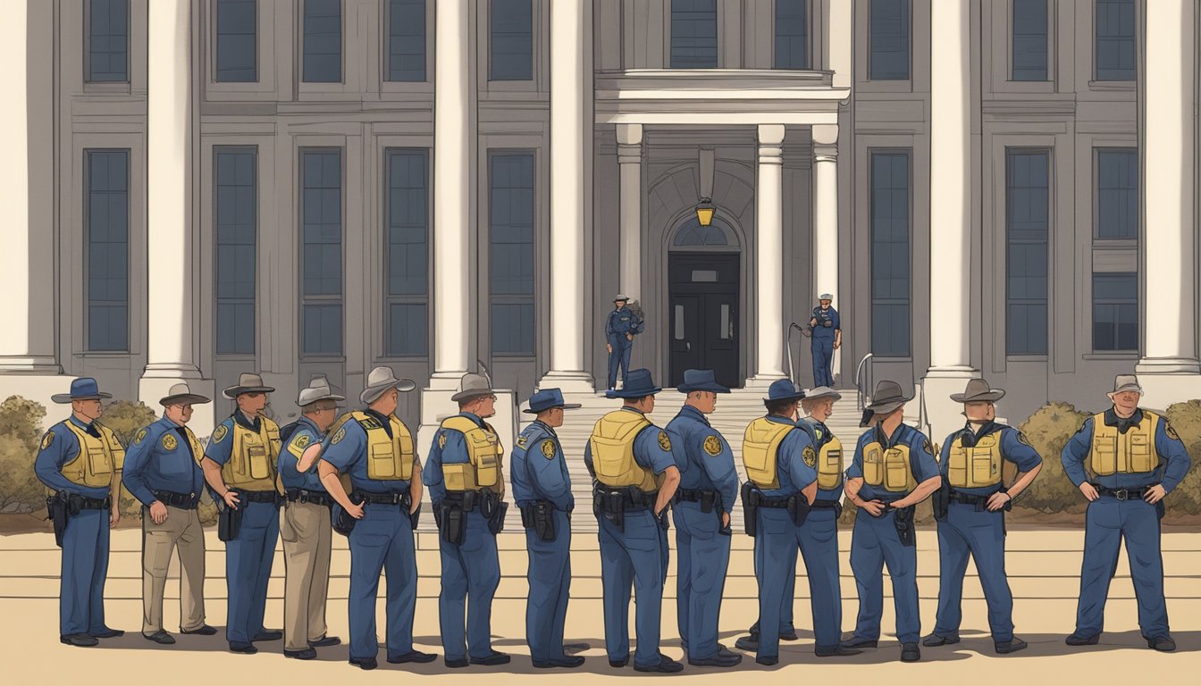 A group of local law enforcement officers standing outside a county courthouse, discussing alcohol and drinking laws in Lubbock County, Texas