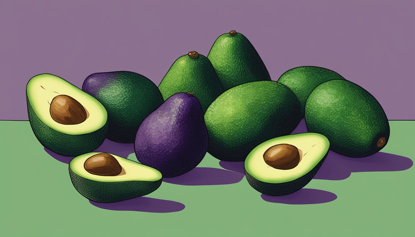 A cluster of Lula avocados on a kitchen counter, some with a green hue, others turning a deep purple, indicating various stages of ripeness