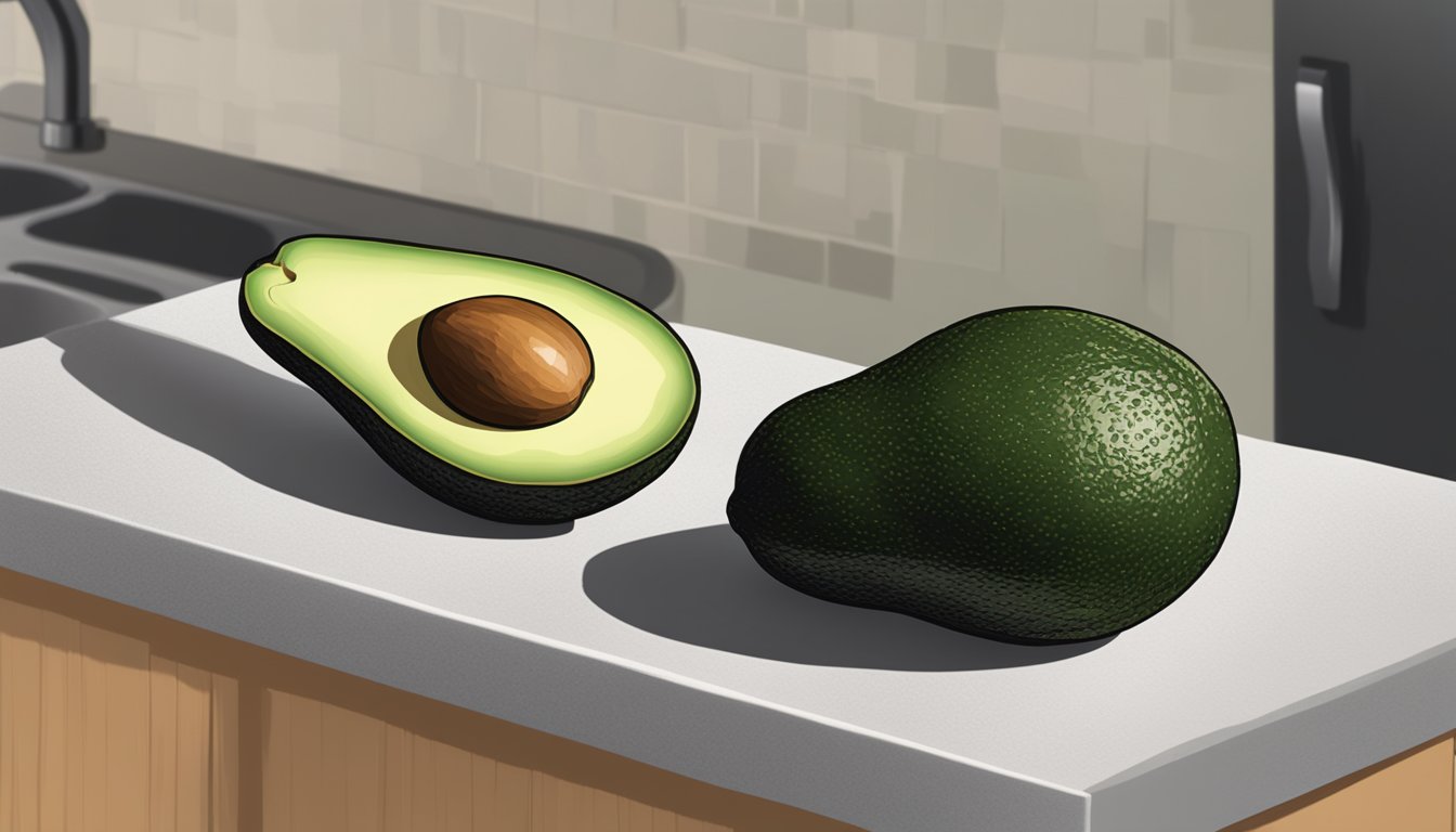 A choquette avocado sits on a kitchen counter next to a ripe Hass avocado. The choquette avocado is slightly soft to the touch and has a dark green skin