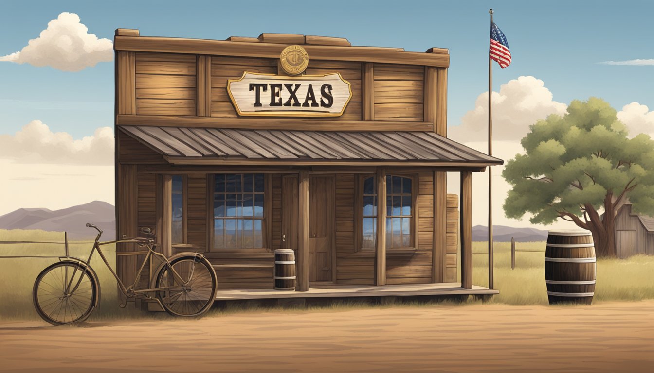 A rustic Texas county scene with a small, old-fashioned bar sign and a sheriff's badge displayed prominently