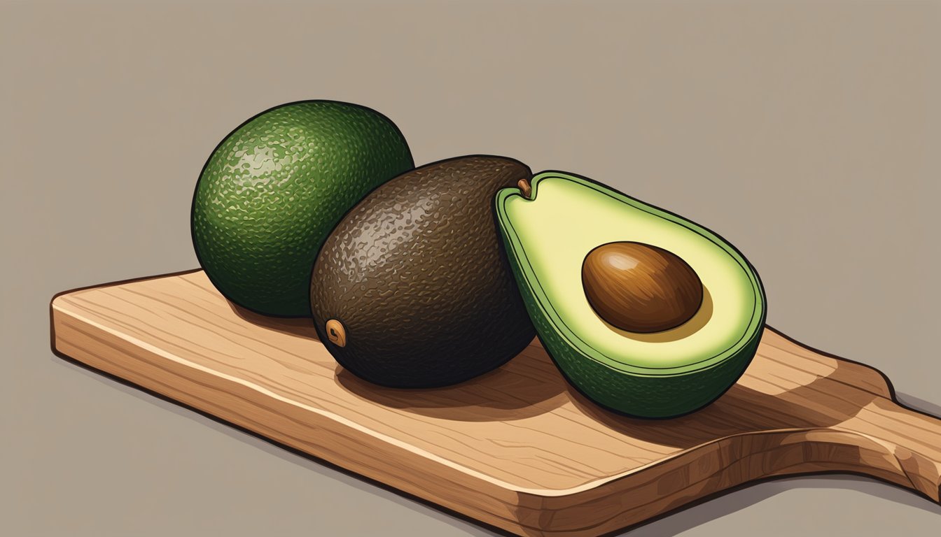 A choquette avocado sits on a wooden cutting board next to a ripe avocado. The choquette avocado is slightly soft to the touch, indicating it is ripe