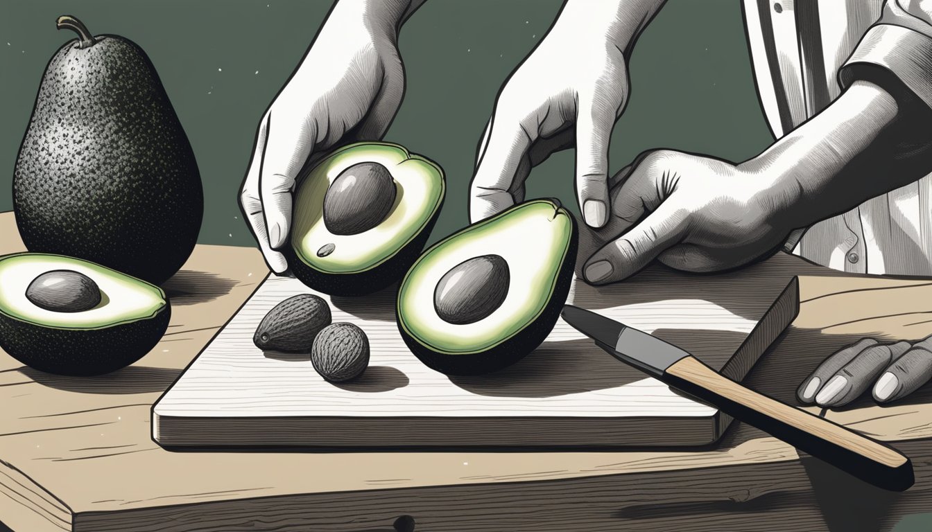 A hand reaching for a lula avocado, gently pressing its skin to test for ripeness. A few other avocados are scattered on a wooden cutting board