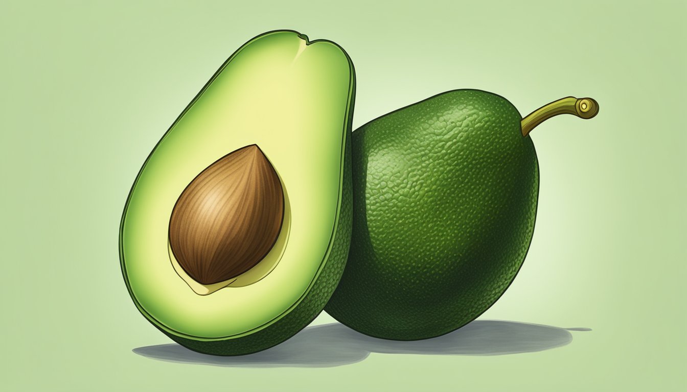 A choquette avocado is cut open to reveal a creamy, pale green flesh with a smooth texture, indicating ripeness