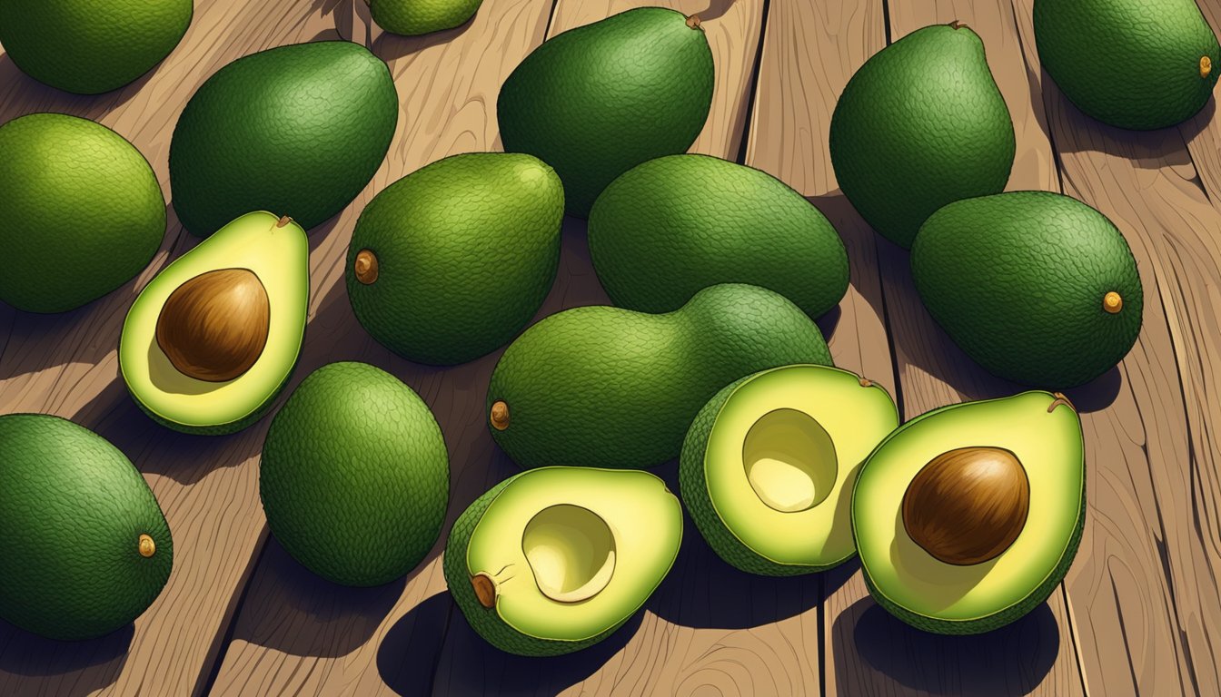 A group of lula avocados on a wooden table, some ripe and ready to eat, while others still firm and unripe