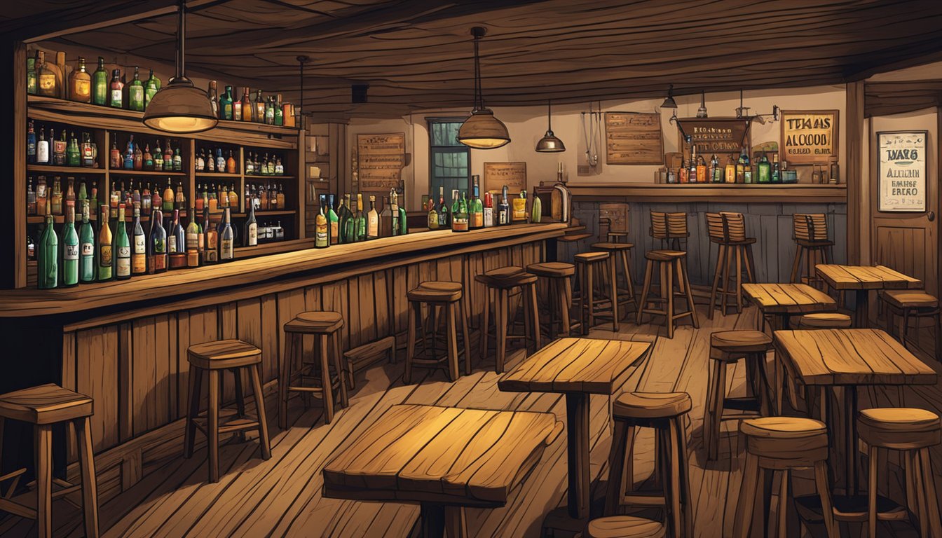 A rustic bar with wooden tables and chairs, shelves stocked with various bottles of alcohol, and signs displaying Texas alcohol laws