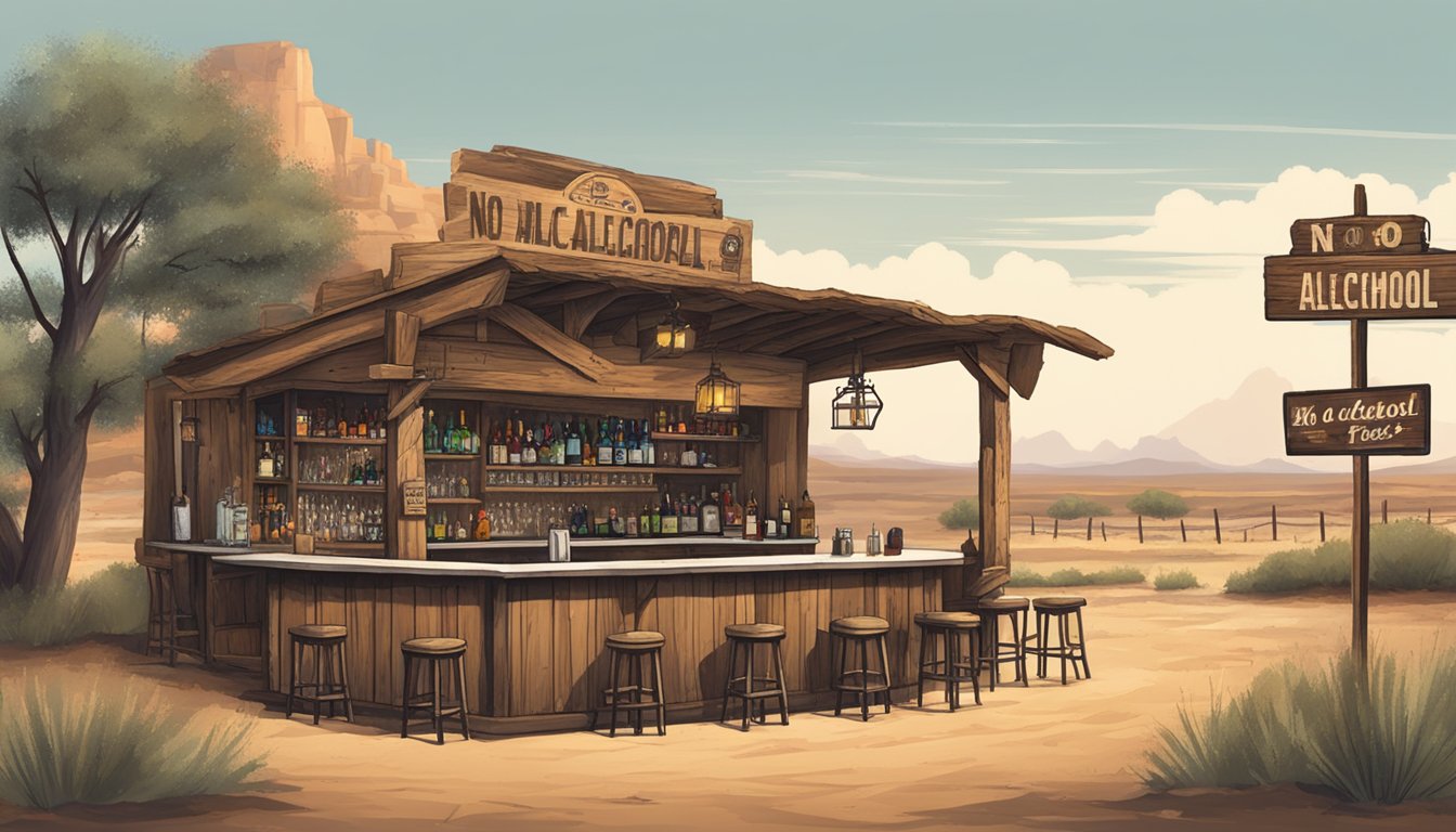 A rustic bar with "No Alcohol" signs posted, surrounded by dry Texas landscape