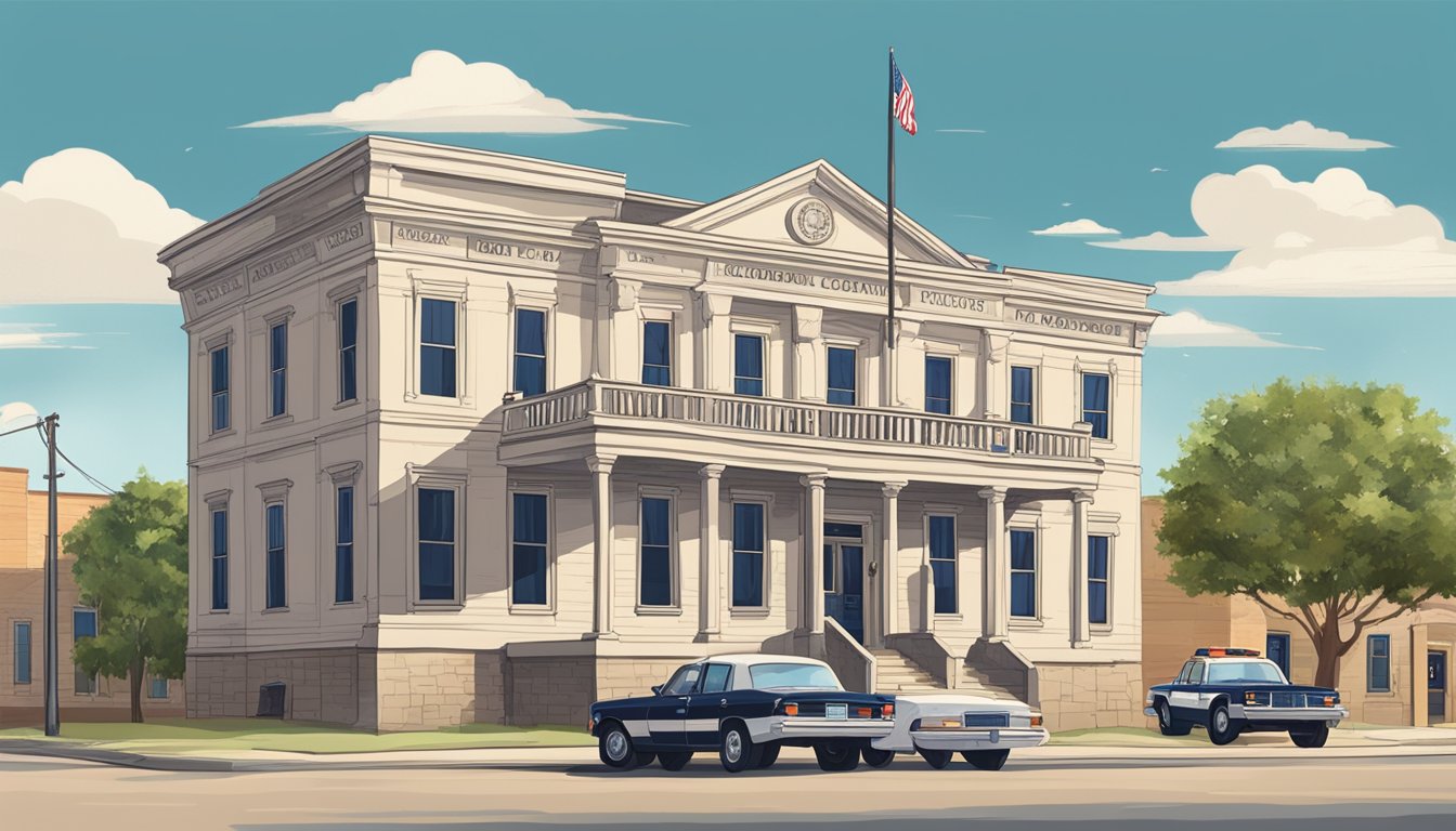 A small town courthouse with a prominent sign displaying "Lampasas County Alcohol and Drinking Laws." Police cars patrol the streets