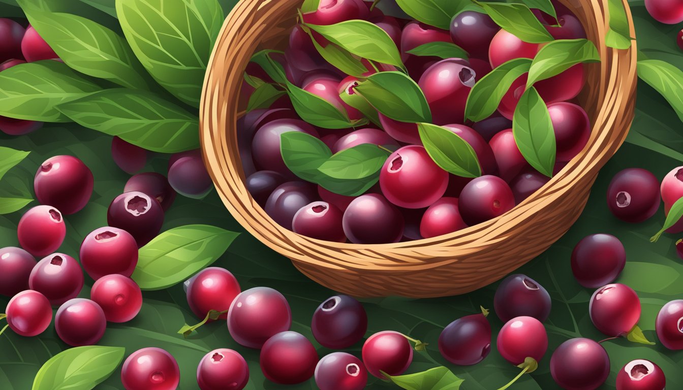 Ripe cranberries spilling out of a wicker basket, surrounded by vibrant green leaves and a few fallen berries on the ground