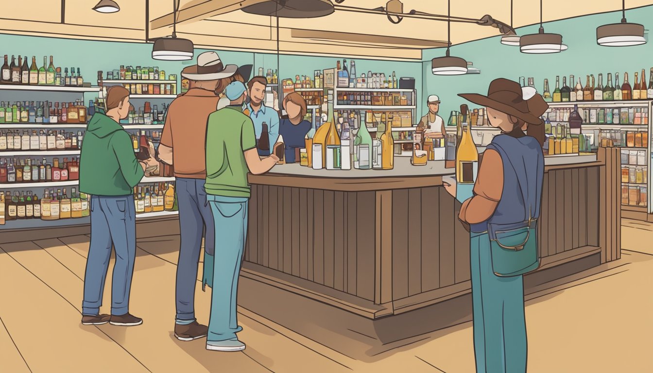 A group of people purchasing alcohol at a county store, while a sign displays the local alcohol and drinking laws