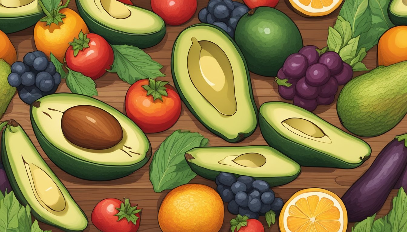 A ripe Choquette avocado sits on a wooden cutting board, surrounded by a variety of colorful fruits and vegetables. The avocado is cut open to reveal its creamy, green flesh