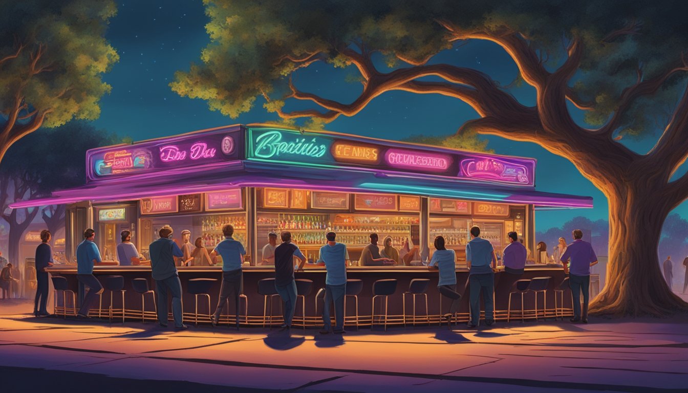 A busy bar with neon signs and a line of patrons waiting to enter, surrounded by live oak trees in the background