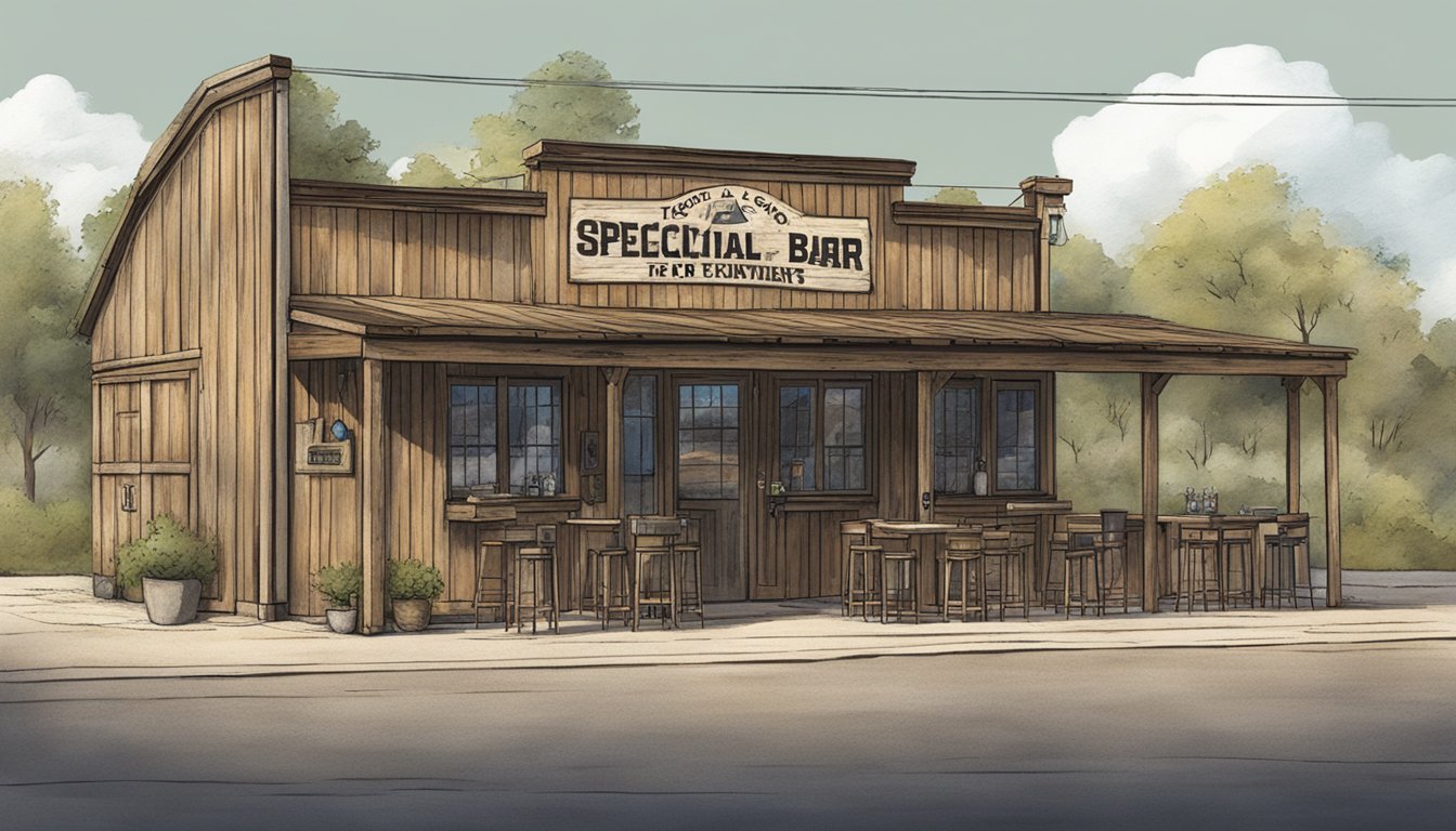 A rustic Texas bar with a "Special Provisions for Events and Establishments" sign displayed prominently