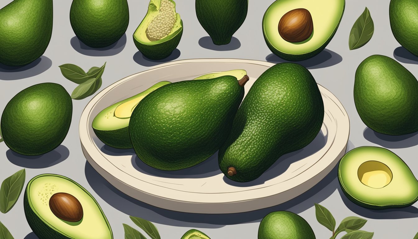 A choquette avocado is being gently squeezed to test its ripeness, surrounded by various preservation and storage techniques for avocados