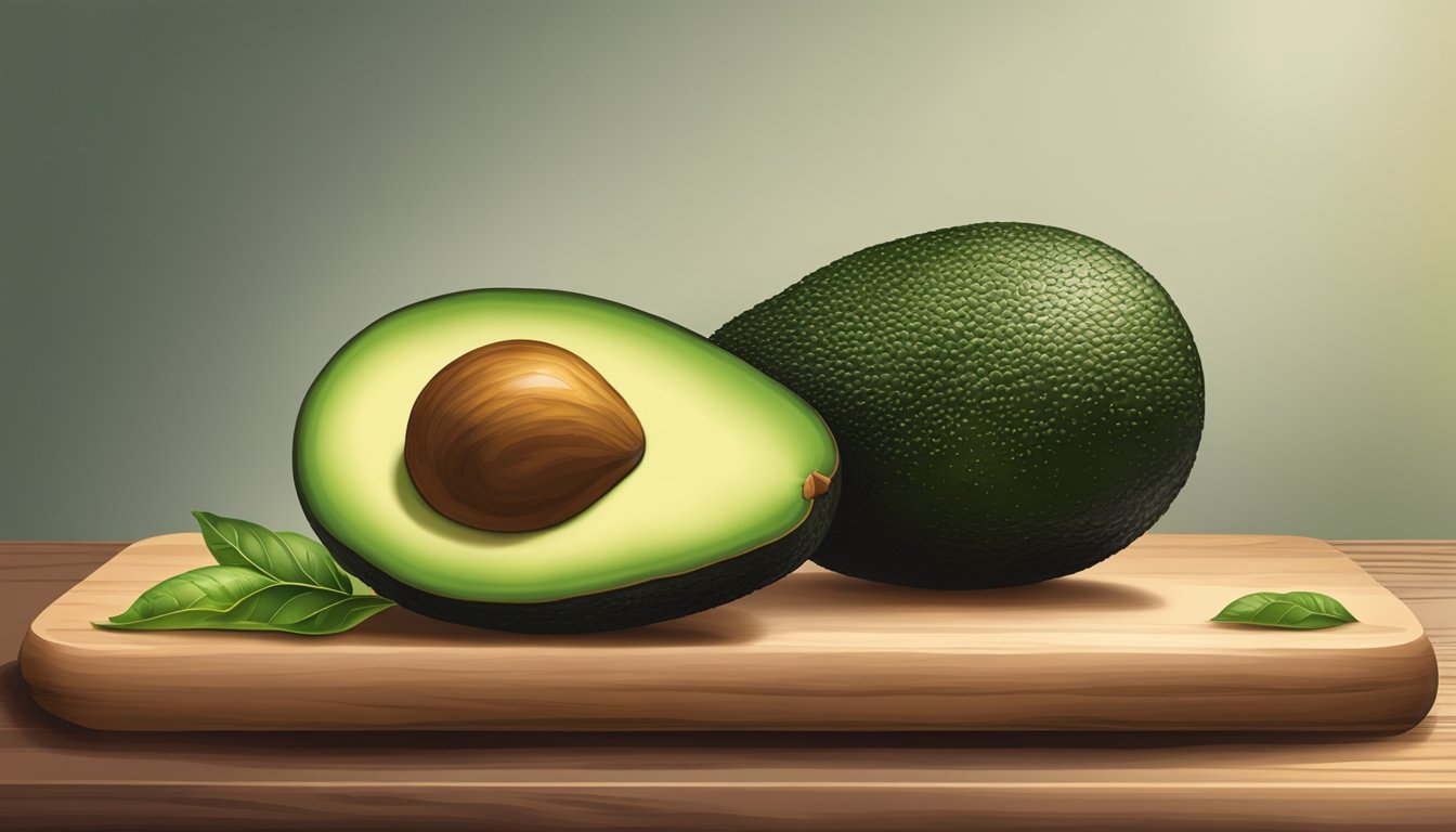 A ripe Choquette avocado sits on a wooden cutting board, its skin a deep green with a slight give when gently pressed