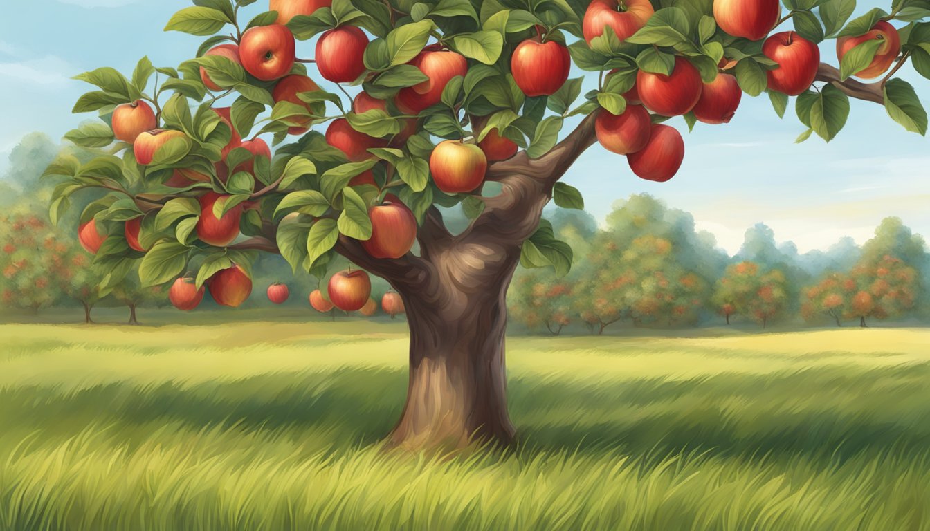 A red delicious apple hanging from a tree, with a bright red color, smooth skin, and firm texture