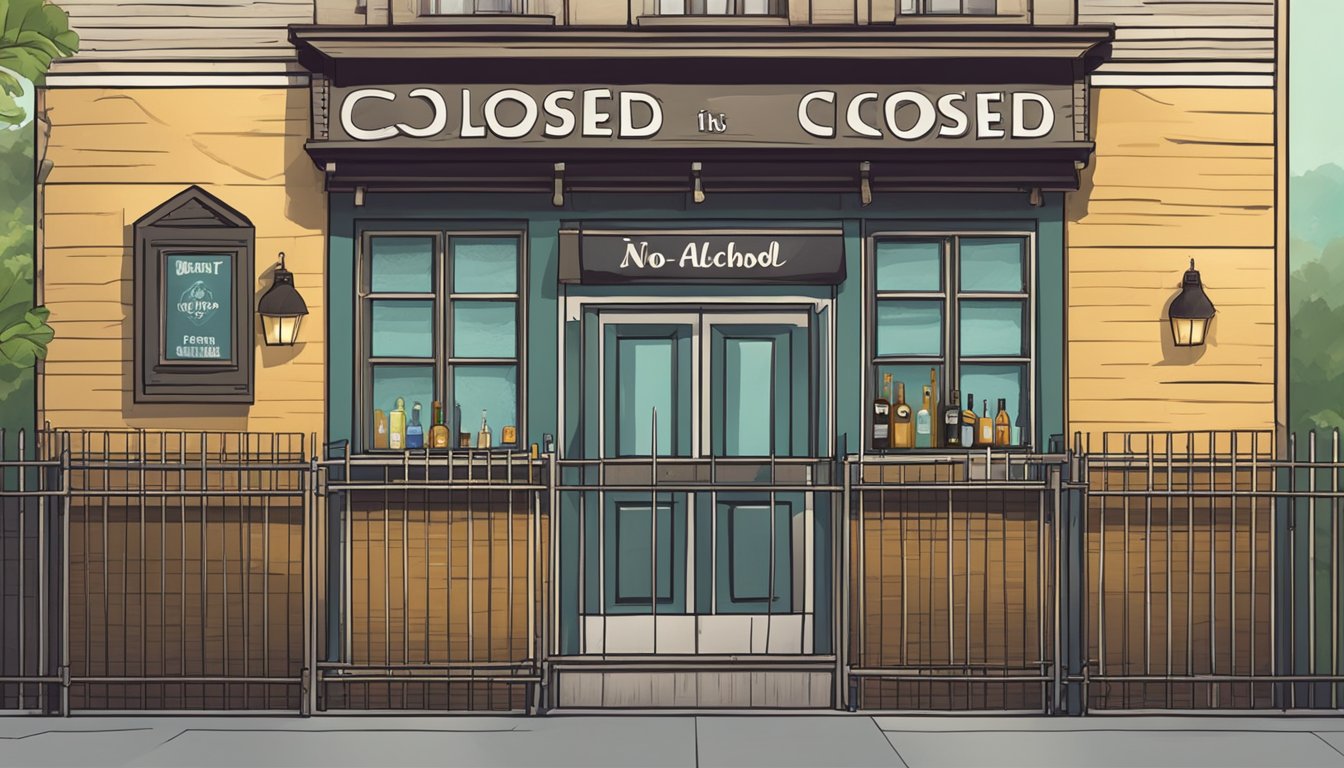 A bar with a "Closed" sign in the window, surrounded by a fence with a "No Alcohol Beyond This Point" sign