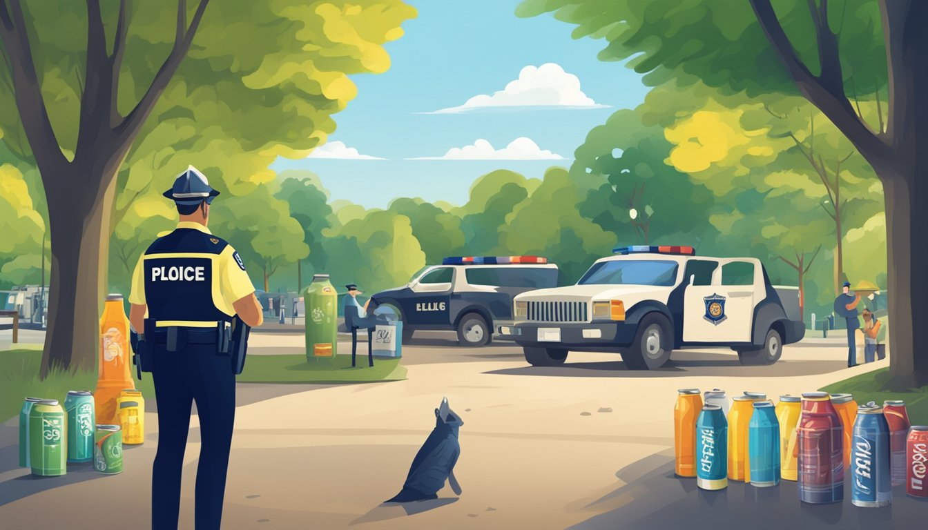 A park with a "No Alcohol" sign, empty beer cans, and a police officer enforcing open container laws