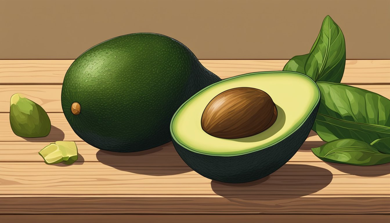 A choquette avocado sits on a wooden surface, surrounded by other avocados. One is sliced open, revealing its creamy, ripe interior. The skin of the choquette avocado is a deep green color, with a slight give when gently pressed