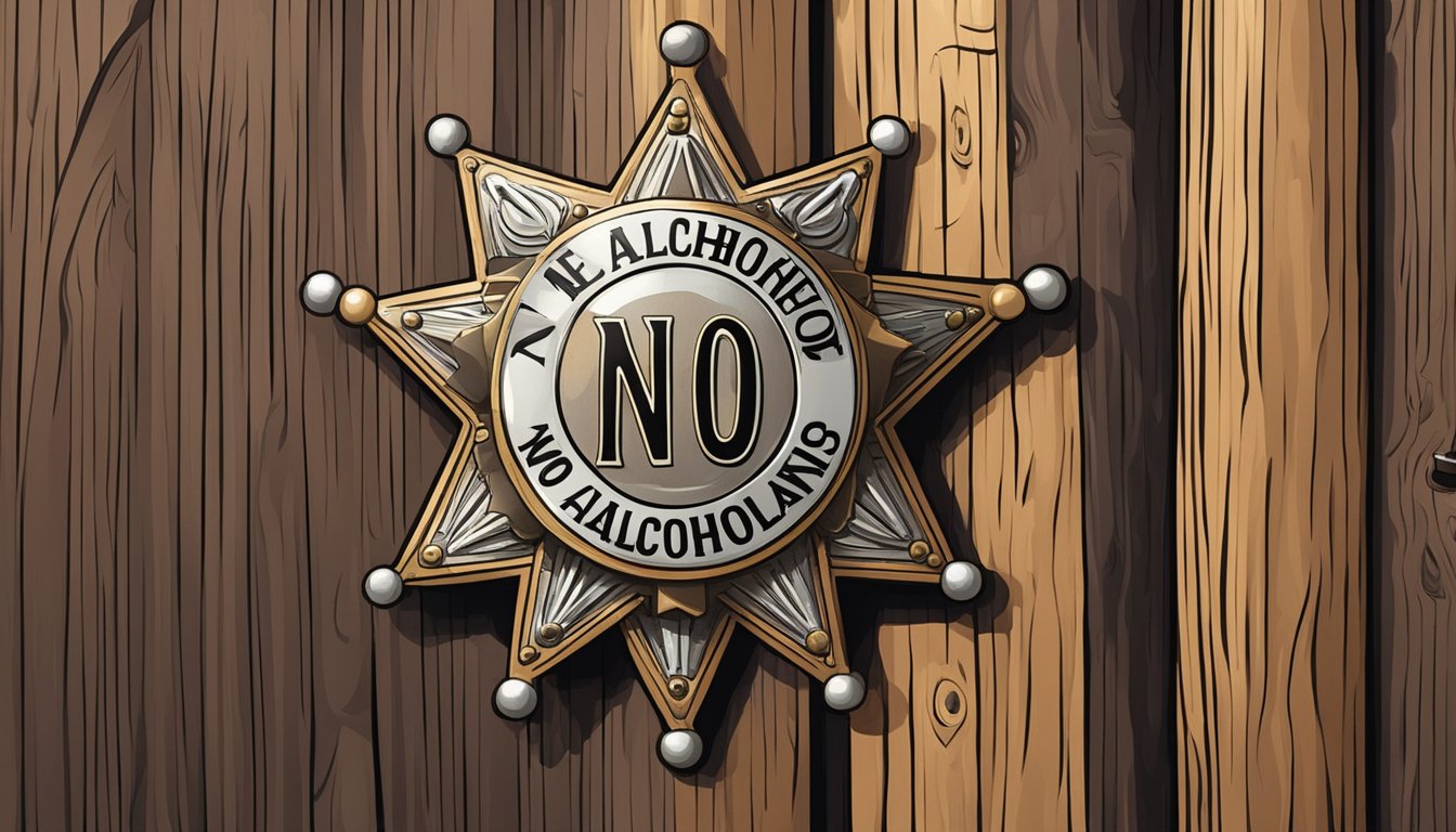 A sheriff's badge pinned to a wooden post with a "no alcohol" sign in the background