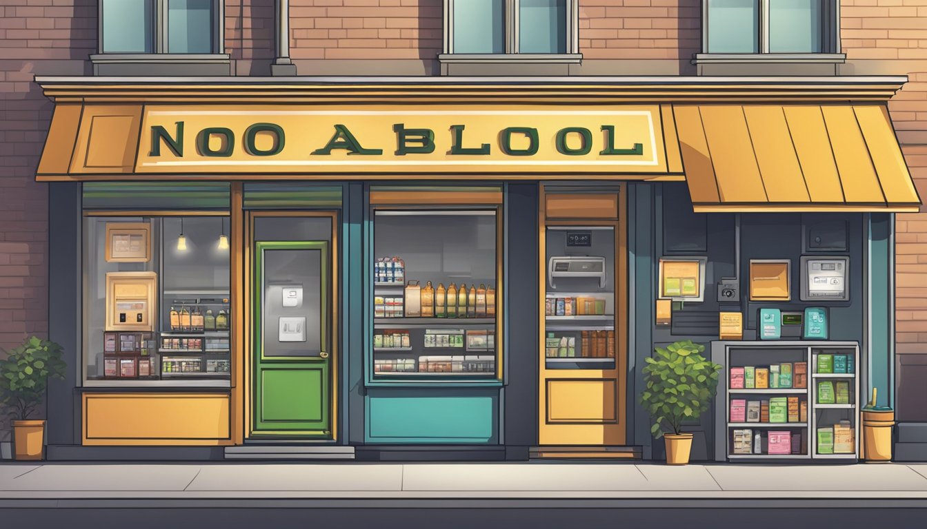 A storefront with a prominent "No Alcohol" sign, next to a cash register and credit card machine