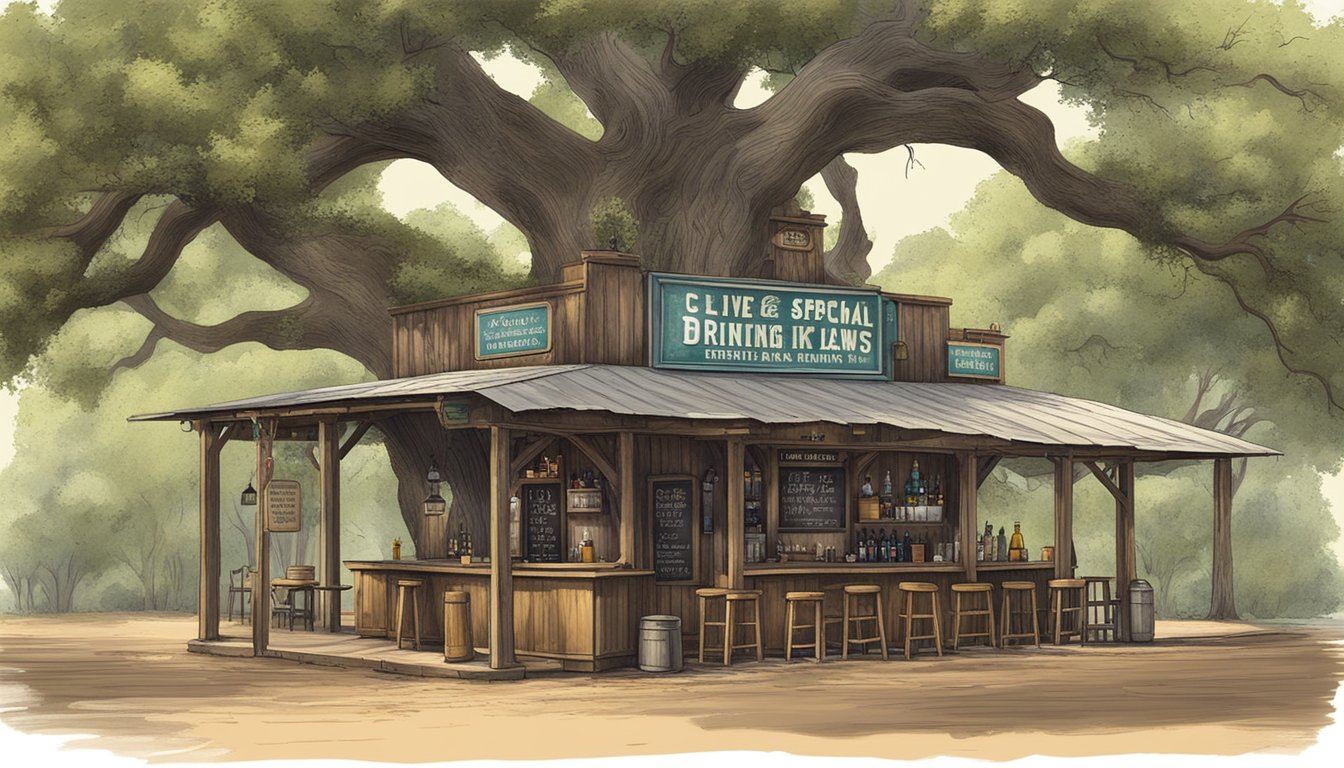 A rustic bar nestled among towering live oak trees in rural Texas, with a sign displaying special exceptions and contextual drinking laws