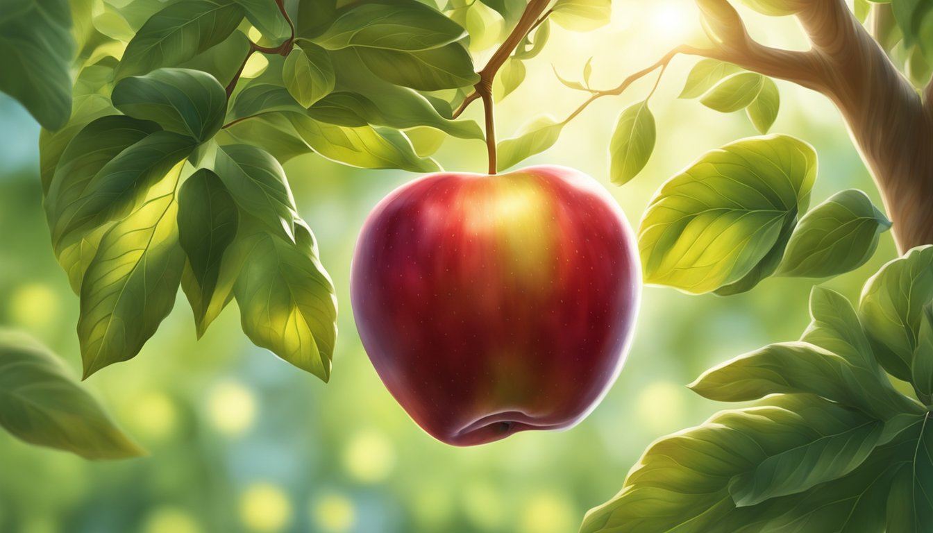 A red delicious apple hanging from a tree, surrounded by green leaves and bathed in sunlight