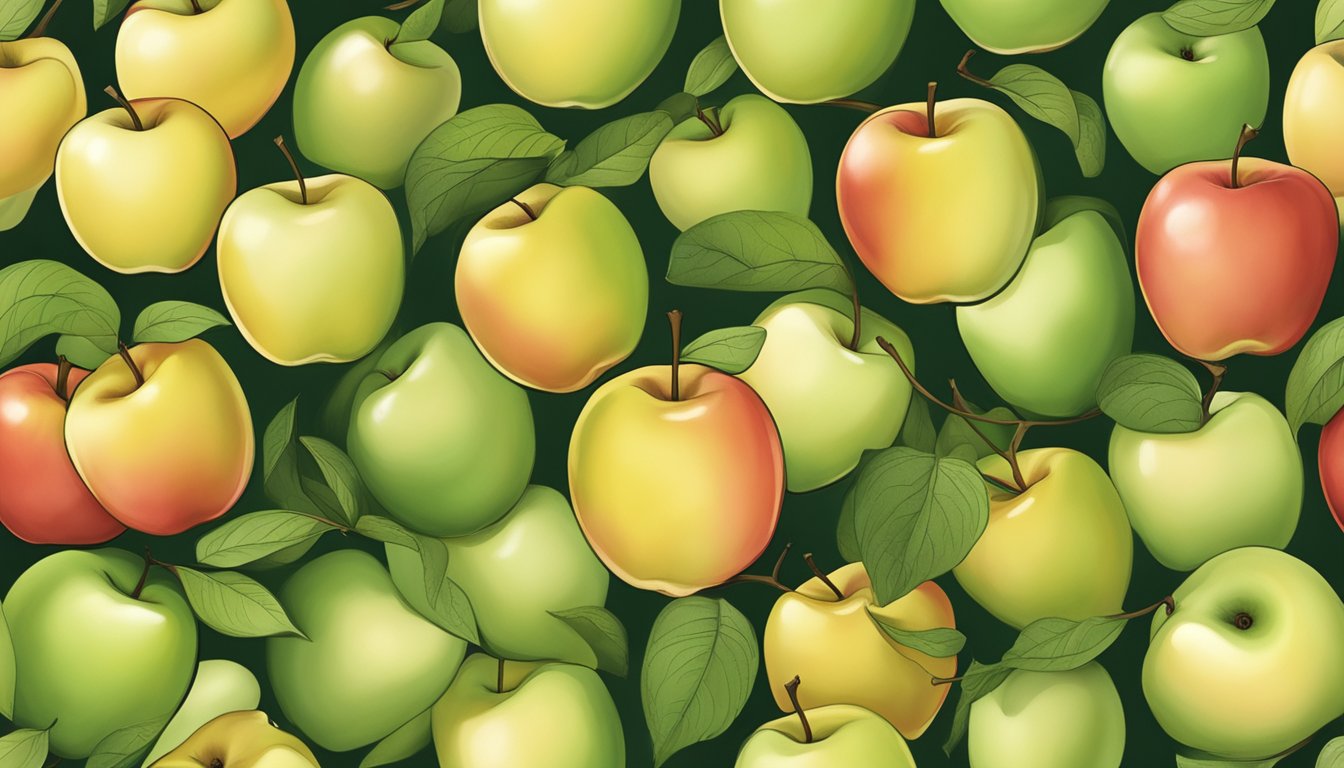 A golden delicious apple emits ethylene gas, causing its skin to turn from green to yellow with slight red blush when ripe